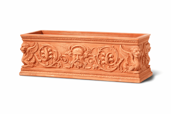 Rechteckiger Terracottakasten aus Impruneta mit Sphinxsymbolen